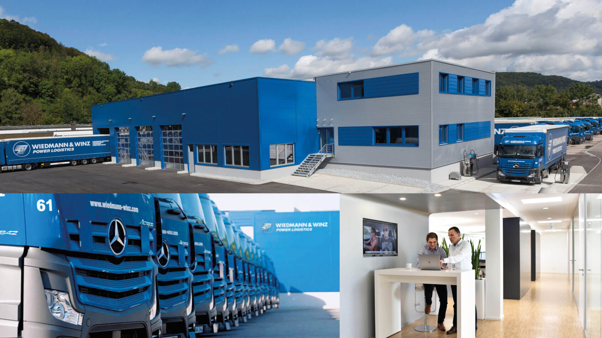 Eine Bildkollage zeigt eine LKW-Werkstatt, viele Mercedes-Benz LKW und ein neues Büro mit 2 Personen.